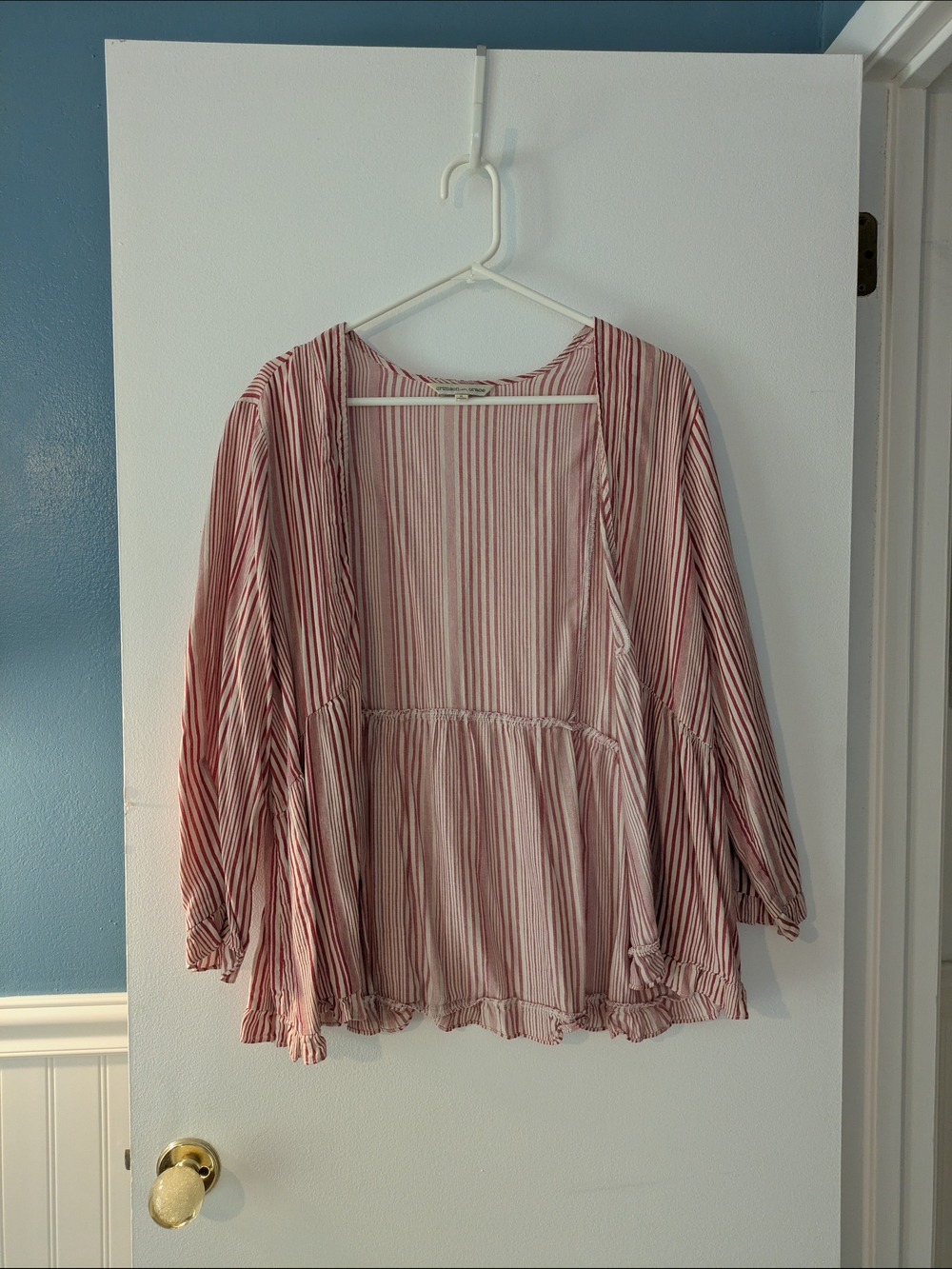 Striped Open Front Peplum Cardigan - Pink & White